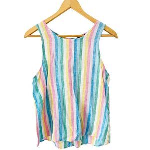Lord & Taylor Petite Pastel Rainbow Stripes Linen Sleeveless‎ Blouse